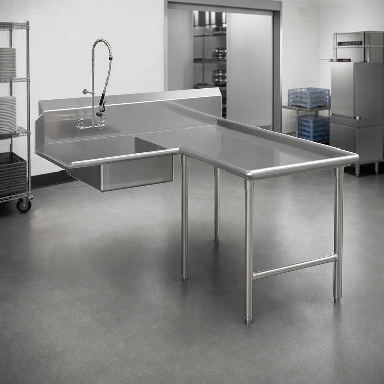Product image #3 for John Boos Pro-Bowl L-Shaped Island Soiled Dishtable with Pre-Rinse Sink Bowl, 60" Machine-to-Corner x 120" Corner-to-End, Right-to-Left