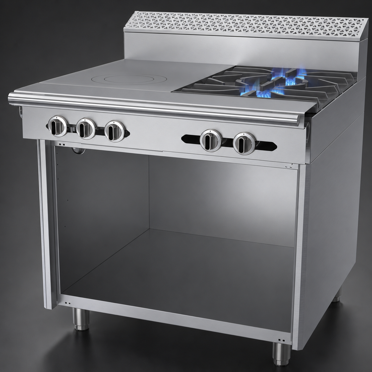 Product image #3 for Garland Cuisine Series 36-Inch Heavy Duty Natural Gas Combination Top Range with 2 Open Burners, 18-Inch Front-Fired Hot Top, and Open Cabinet Base