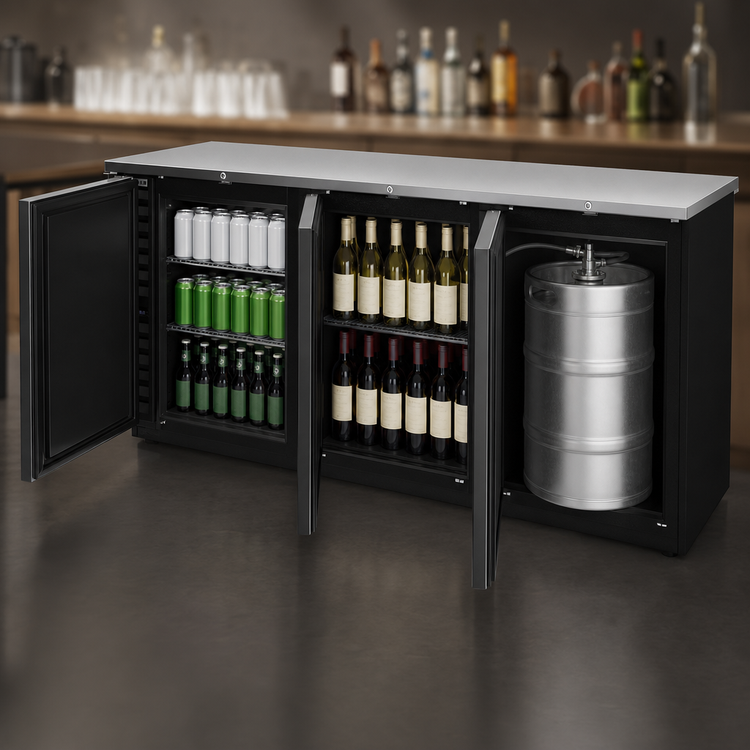 Product image #3 for Beverage-Air BB94HC-B Three-Section Solid Door Back Bar Refrigerator with Stainless Steel Top, Black Exterior, and Left-Mounted Self-Contained Refrigeration