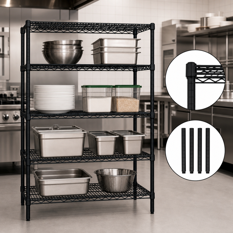 Product image #3 for Quantum Stationary Wire Shelving Starter Kit, 54"W x 18"D x 54"H, Black Epoxy Antimicrobial Finish