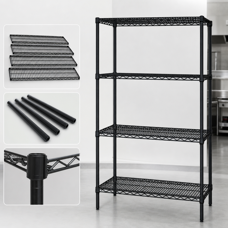 Product image #3 for Quantum Wire Shelving Starter Kit, 24 x 14 x 74 Inches, 4 Shelves and 4 Posts, Black Epoxy Antimicrobial Finish