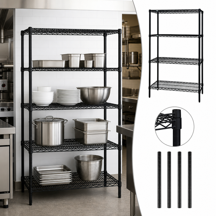 Product image #3 for Quantum 4-Shelf Stationary Wire Shelving Starter Kit, 36"W x 21"D x 86"H, Black Epoxy