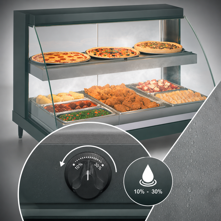 Product image #3 for Hatco Glo-Ray Designer Curved Glass Humidified Dual-Shelf Countertop Hot Food Display Case, 3-Pan, 120V