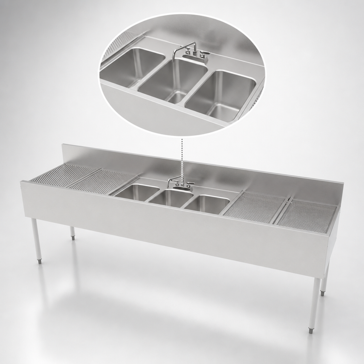 Product image #4 for Top Shelf TSF Series 3-Compartment Underbar Stainless Steel Sink Unit with Left and Right Drainboards, 96" x 24"