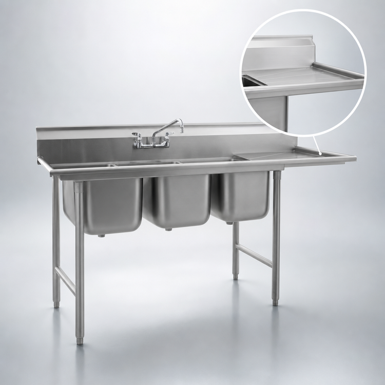 Product image #3 for Eagle Group 414 Series 99-Inch Three-Compartment Coved Corner Sink with 24-Inch Right-Hand Drainboard