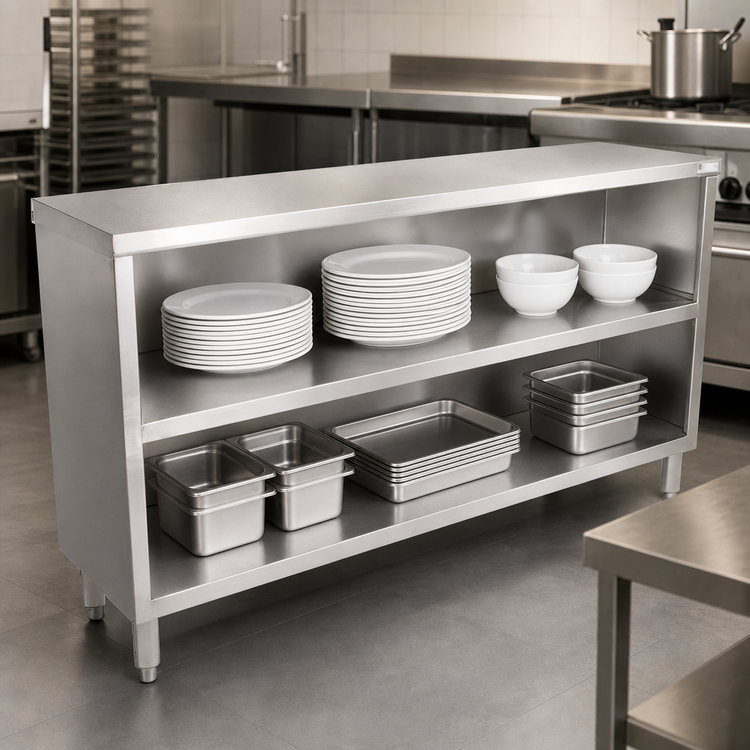 Product image #4 for John Boos Floor Model Open Front Stainless Steel Dish Cabinet with Mid-Shelf, 72 x 18 x 35 Inches