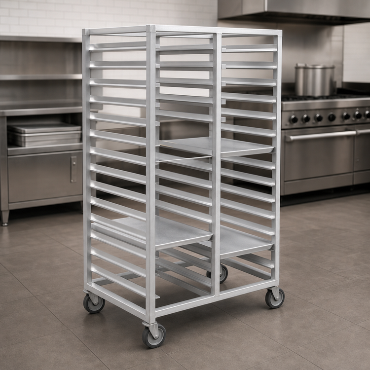 Product image #3 for Channel Manufacturing Double-Section Aluminum Cafeteria Tray Rack for 15 x 20 Trays, 64 Inch High, 4 Inch Spacing
