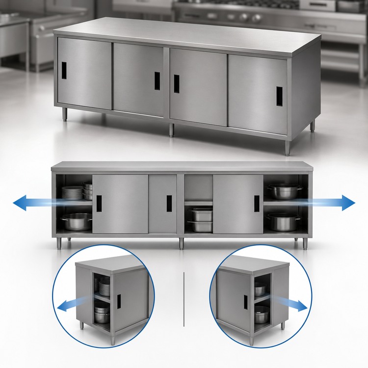 Product image #3 for BK Resources Dual Access Stainless Steel Chef Table Cabinet Base with Sliding Doors, 120 x 30 x 34-3/4 Inch