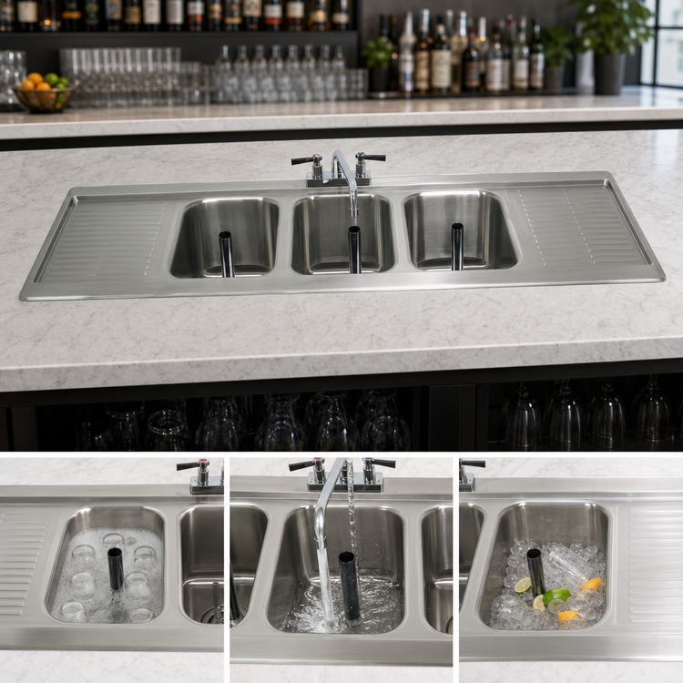 Product image #3 for Advance Tabco Bar King Supreme Drop-In Triple Bowl Bar Sink with Dual Drainboards and Faucet