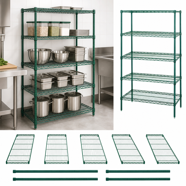 Product image #3 for Quantum 30"W x 14"D x 54"H Wire Shelving Starter Kit with 5 Shelves, Green Epoxy Antimicrobial Finish