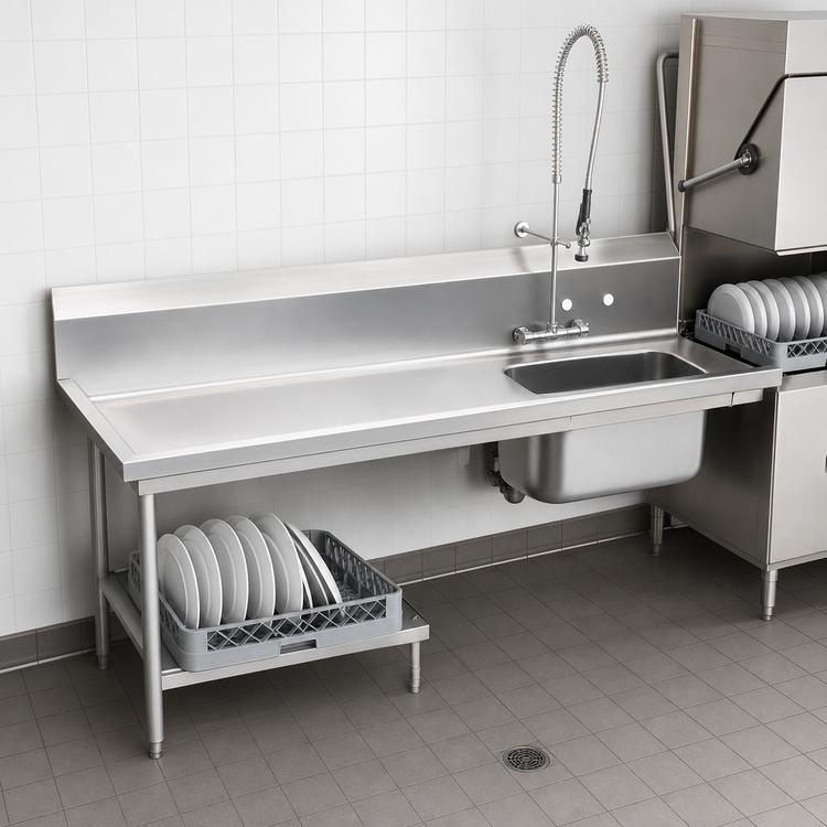 Product image #3 for Advance Tabco Left-Hand Straight Soil Dish Table with Pre-Rinse Sink, 143 Inch, 14 Gauge 304 Stainless Steel