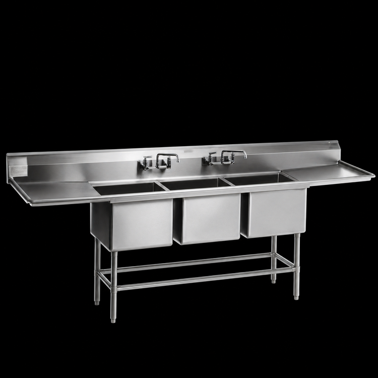 Product image #3 for Eagle Spec-Master FN Series Coved-Corner Three-Compartment Sink with Dual 18-Inch Drainboards, 96-Inch Wide, 14-Gauge Stainless Steel
