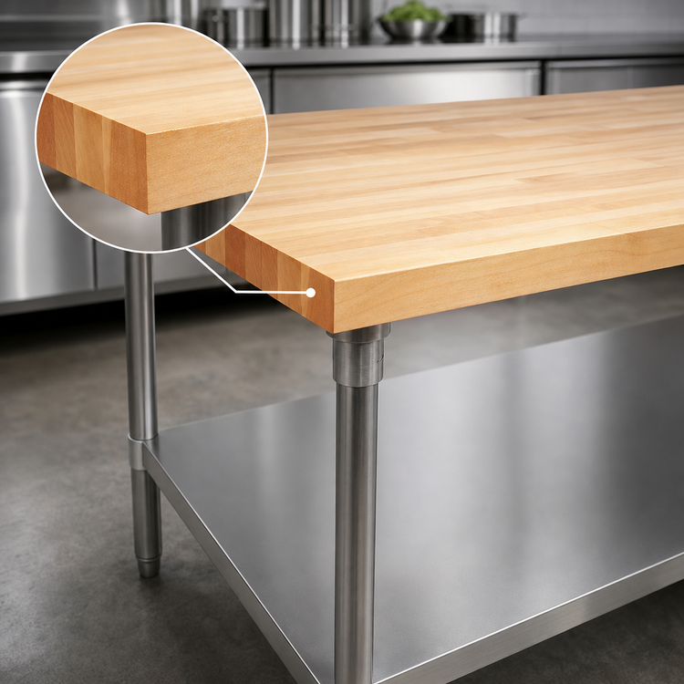 Product image #3 for 72 x 30 Inch Edge-Grain Northern Hard Rock Maple Wood Top Work Table with Stainless Steel Base and Adjustable Undershelf