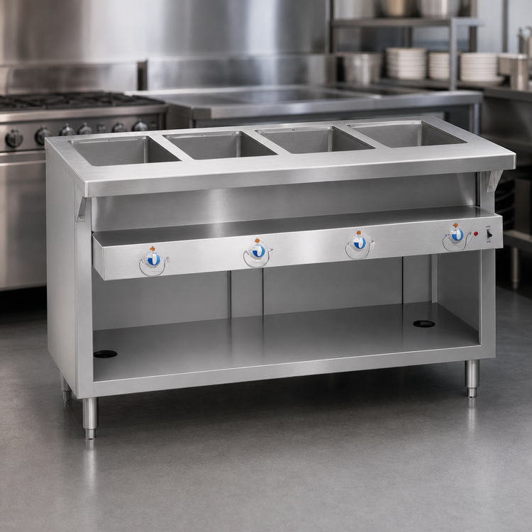 Product image #3 for Thurmaduke E-4-DLSS Electric 4-Pan Sealed Well Steamtable Unit with Cutting Board and Dish Shelf