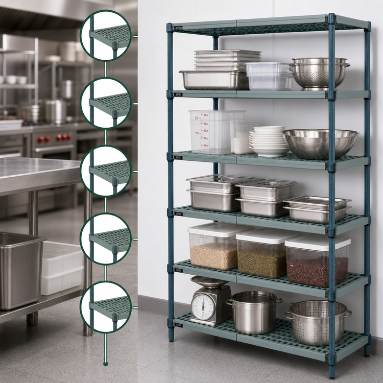 Product image #3 for Quantum 5-Tier Stationary Wire Shelving Unit with Plastic Mats, 72 x 21 x 74 Inches, Green Epoxy Antimicrobial Coating