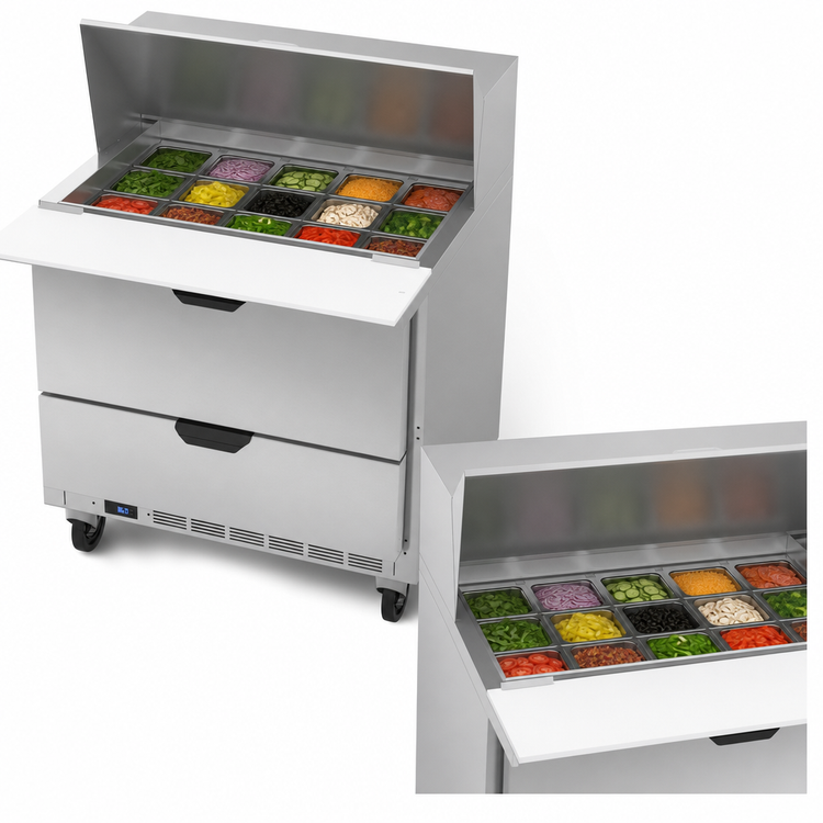 Product image #4 for Beverage-Air 36-Inch One-Section Mega Top Refrigerated Prep Table, 15-Pan Top, 2 Drawers