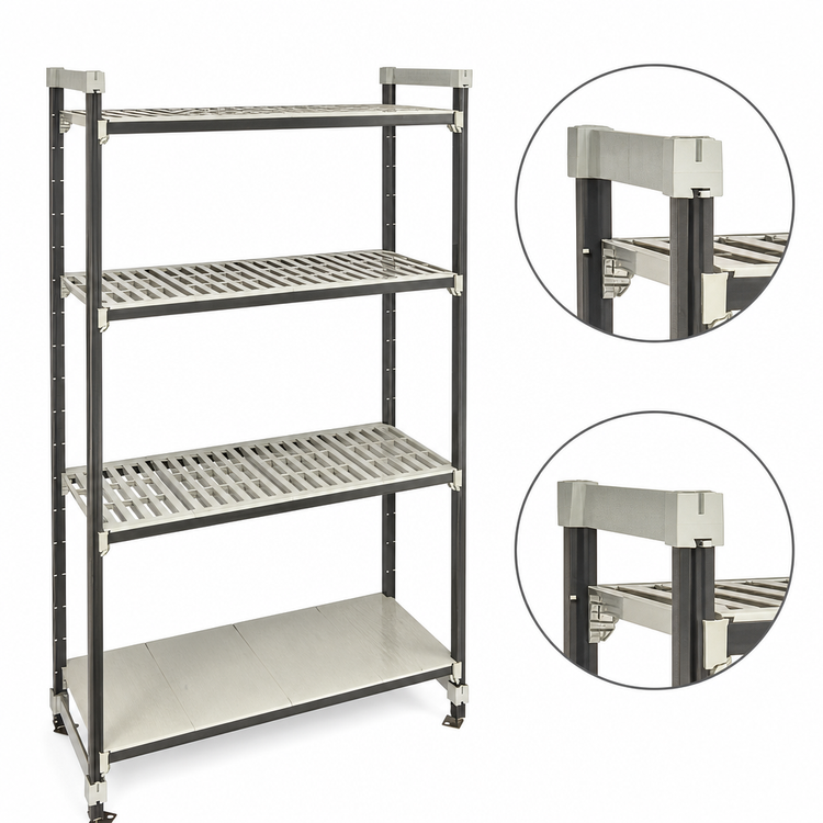 Product image #3 for Cambro Camshelving Elements XTRA High Density Top Rail Stationary Starter Unit, 18"D x 60"L x 81"H, 4-Tier, 3 Vented + 1 Solid
