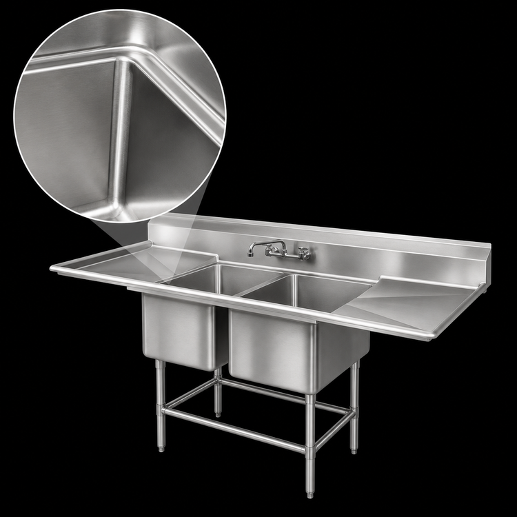 Product image #3 for Eagle Spec-Master FN Series 2-Compartment Coved Corner Sink with Left and Right 36-Inch Drainboards, 108 x 27 Inches, 14-Gauge Stainless Steel