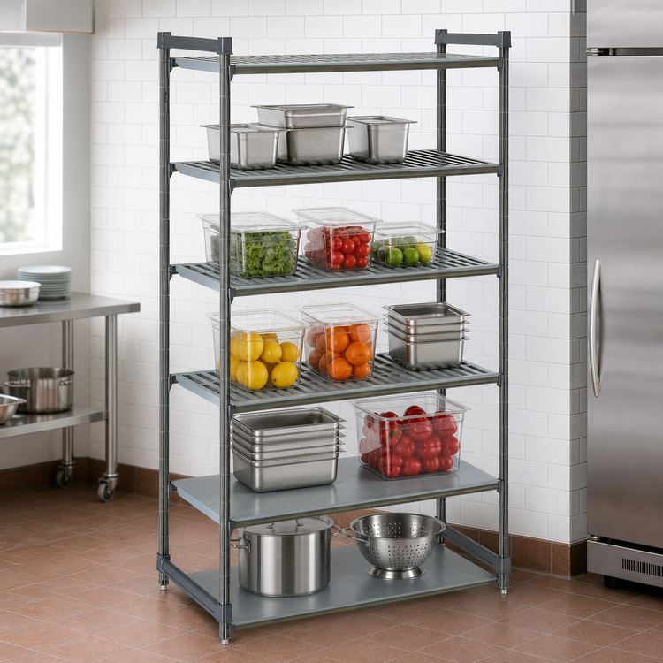 Product image #3 for Cambro Camshelving Basics Plus 5-Tier Stationary Starter Unit, 24 x 60 x 84 Inches, 4 Vented Shelves and 1 Solid Shelf, Brushed Graphite