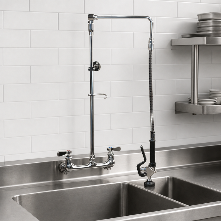 Product image #3 for BK Resources Optiflow Swing Arm Pre-Rinse Assembly with 10-Inch Add-On Faucet, 8-Inch Splash Mount