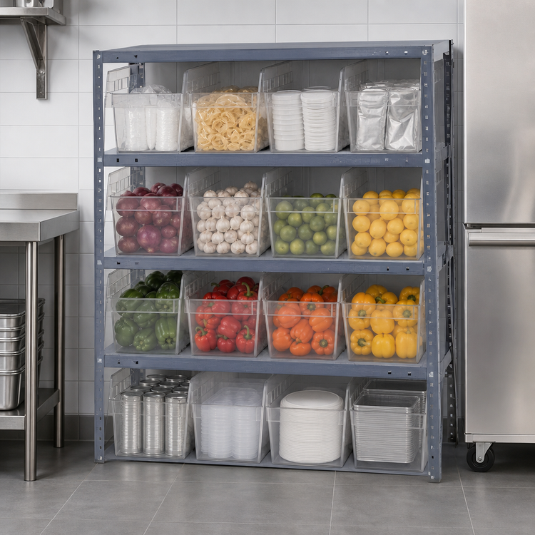 Product image #3 for Quantum Heavy-Duty Stationary Wire Shelving Unit with 4 Shelves, 12 Clear Bins, 36 x 12 x 39 Inches