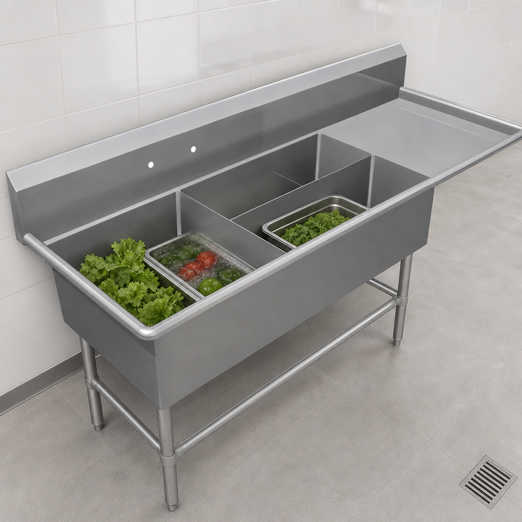 Product image #3 for Pro-Bowl 3-Compartment Platter Sink with Right-Hand Drainboard, 84-3/16"W x 29-1/2"D x 43"H, 16-Gauge 300 Series Stainless Steel