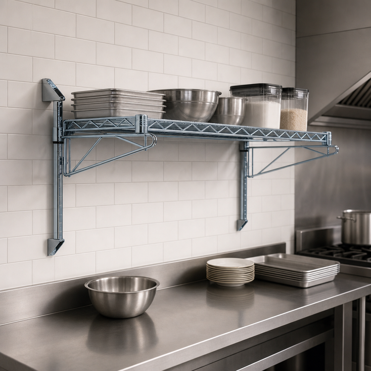 Product image #3 for Quantum 72" x 14" Cantilever Single Shelf Wall-Mount Wire Shelving Unit, Gray Epoxy Antimicrobial Finish