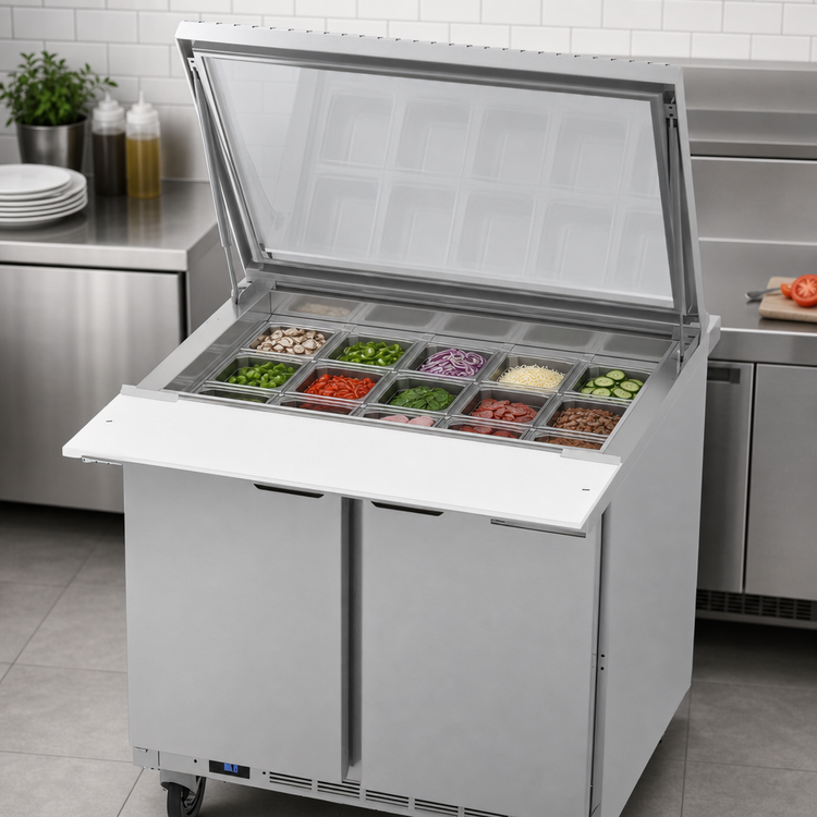 Product image #3 for Beverage-Air Mega Top Two-Section Refrigerated Prep Table with See-Thru Lids, 36-Inch Wide, 15-Pan Capacity