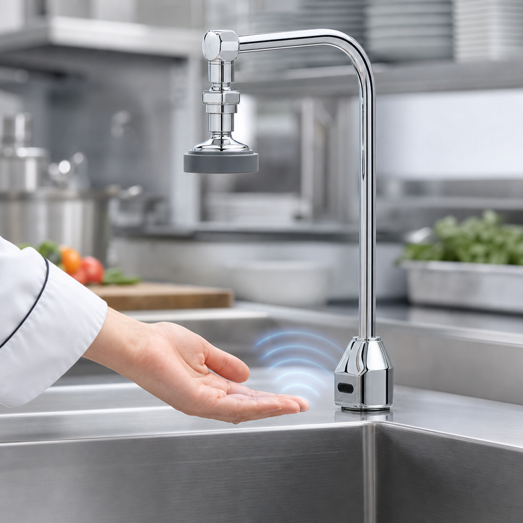 Product image #3 for T&S Brass ChekPoint Electronic Deck-Mount Touchless Faucet with Rigid Gooseneck and Pivoting Spray Head, 1.42 GPM