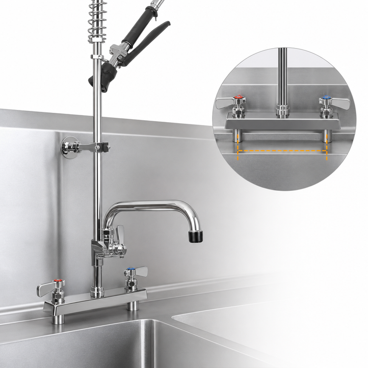 Product image #3 for BK Resources Evolution Deck-Mount Pre-Rinse Assembly with Add-On Faucet and 12-Inch Swing Spout, 8-Inch On Center