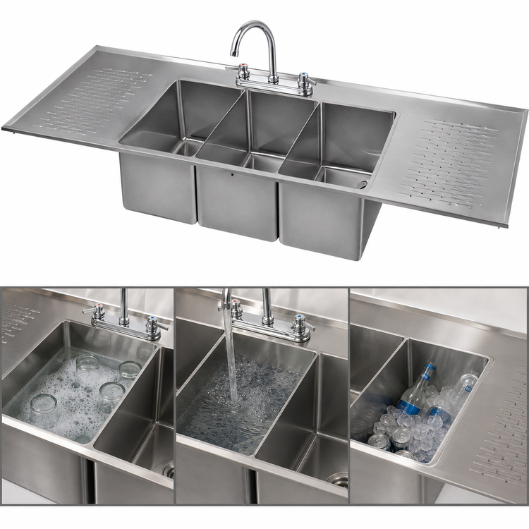 Product image #3 for Klinger's Trading Triple Compartment Drop-In Bar Sink with Dual Drainboards, Faucet & Basket Drain
