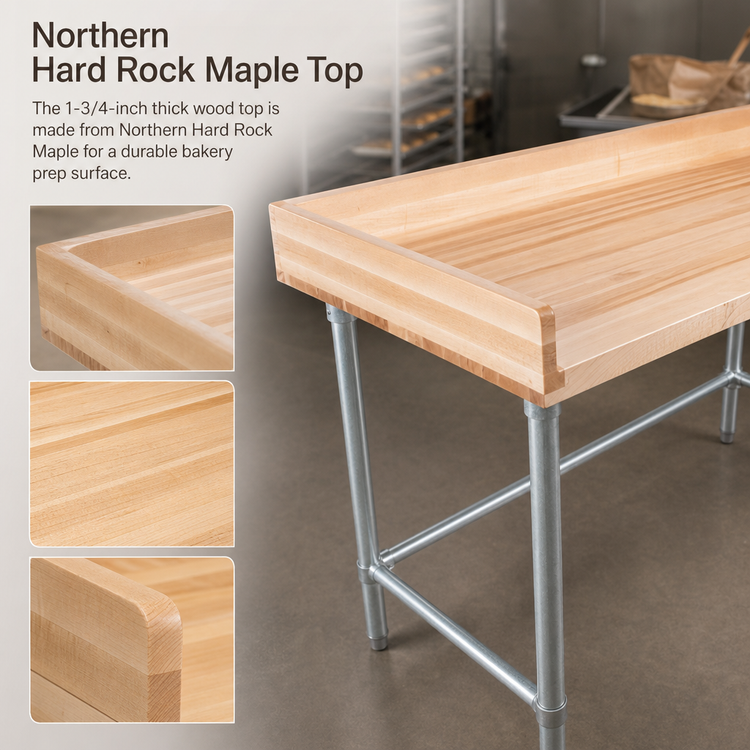 Product image #3 for John Boos Baker's Top Wood Work Table with Galvanized Base and 4-Inch Coved Riser, 48 x 30 Inches
