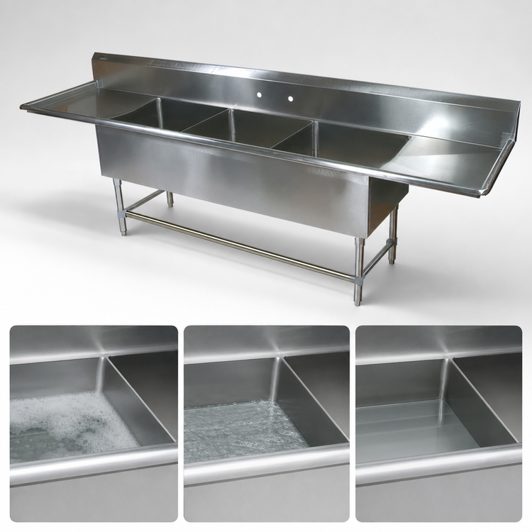 Product image #3 for John Boos Pro-Bowl 3-Compartment Sink with Left and Right Drainboards, 16 Gauge Stainless Steel, 99-1/4-Inch Wide