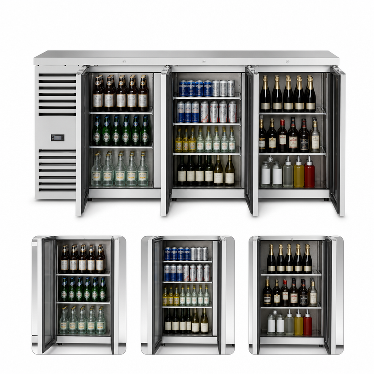 Product image #3 for True Three-Section Stainless Steel Back Bar Cooler with Solid Hinged Locking Doors, 72 Inch Wide