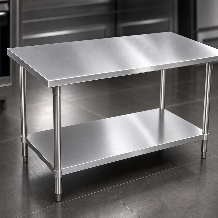 Product image #3 for John Boos Stallion 120" x 24" 14-Gauge 300 Series Stainless Steel Top Work Table with Galvanized Adjustable Undershelf
