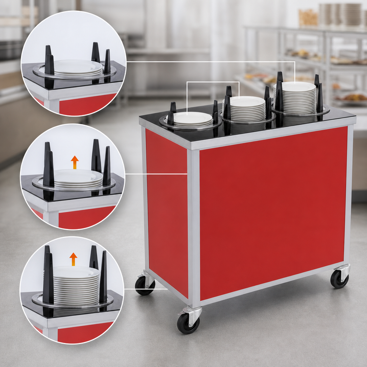 Product image #3 for Atlas Metal MEPD3H-7-1/4 Heated Mobile Plate Dispenser, 3-Tube, for 7-1/4" Round Plates