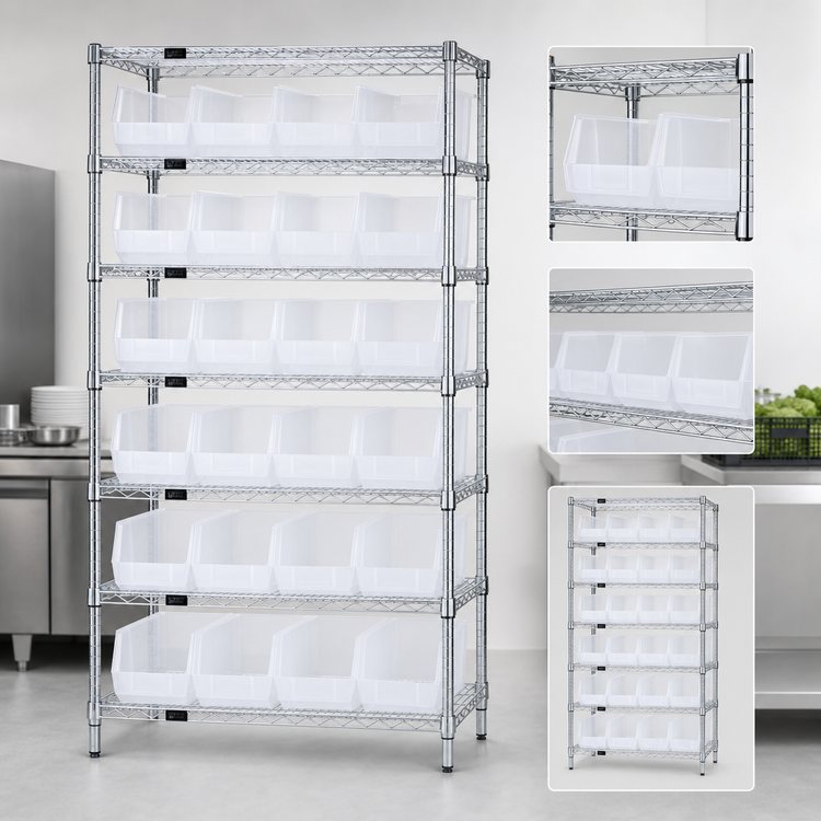 Product image #3 for Quantum Stationary Bin Wire Shelving System with 8 Shelves and 28 Clear Bins, 36 x 14 x 74 Inches, Chrome Plated