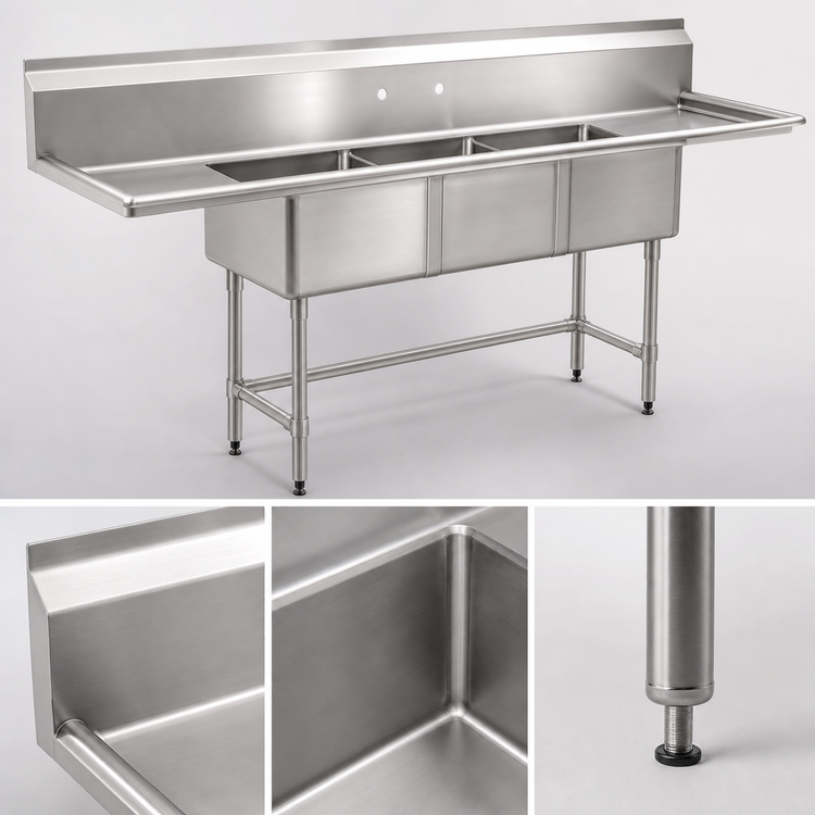 Product image #3 for BlendPort BPFC 3-Compartment 15" x 15" Right-Hand Drainboard Stainless Steel Sink — 14" Deep Bowls, 19" Legs