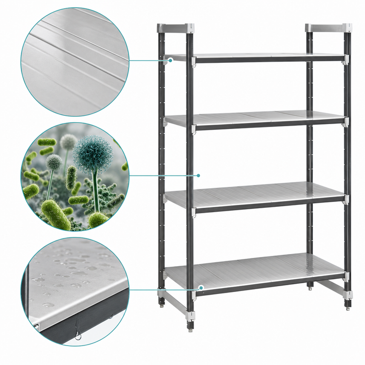 Product image #3 for Cambro Camshelving Elements XTRA 4-Shelf Solid Stationary Starter Polymer Shelving Unit, 30"L x 21"D x 64"H, Speckled Gray