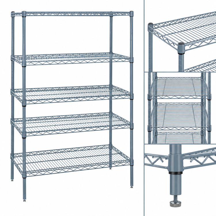 Product image #3 for Quantum Gray Epoxy Antimicrobial Wire Shelving Starter Kit, 48"W x 24"D x 74"H, 5 Shelves