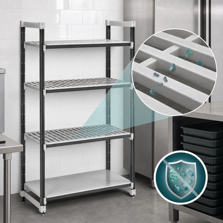 Product image #3 for Cambro Camshelving Elements XTRA 4-Tier Stationary Starter Polymer Shelving Unit, 72-Inch L x 21-Inch D x 72-Inch H, Vented and Solid, Speckled Gray