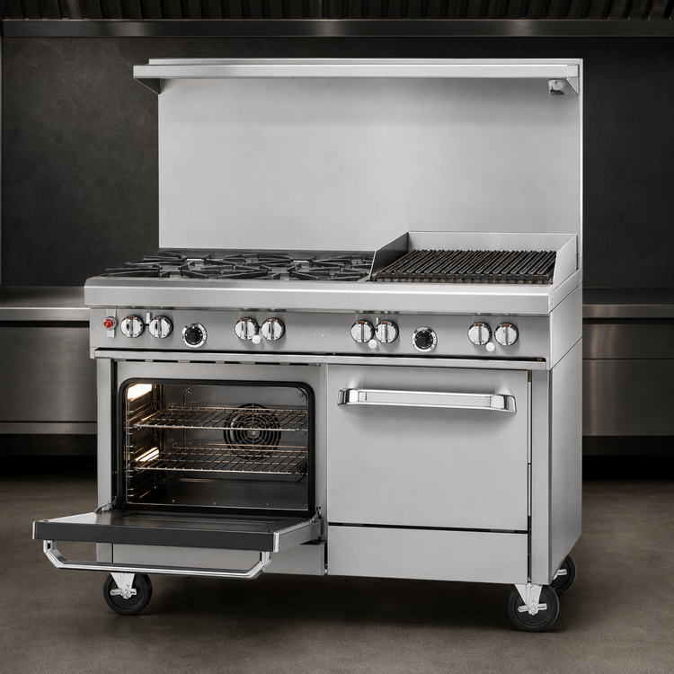 Product image #3 for Southbend Ultimate 48-Inch Gas Restaurant Range with 4 Burners, 24-Inch Charbroiler, Convection Oven and Cabinet Base