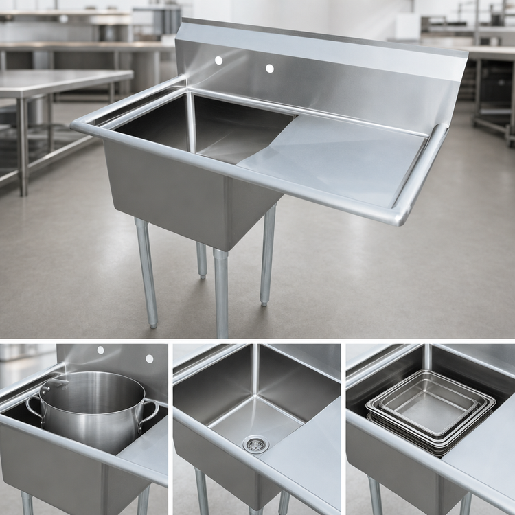 Product image #3 for Omcan 1-Compartment Pot Sink with Right-Hand Drainboard, 24 x 24 x 14 Inch Bowl, 304 Stainless Steel