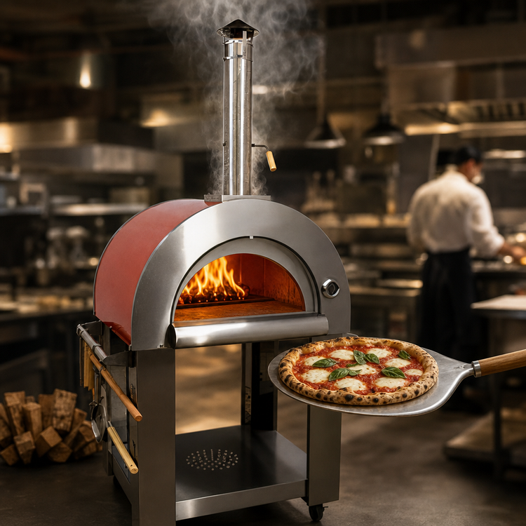 Product image #3 for Omcan Mobile Wood-Burning Pizza Oven with Brick Cooking Area, Red Enamel Shield, and Casters