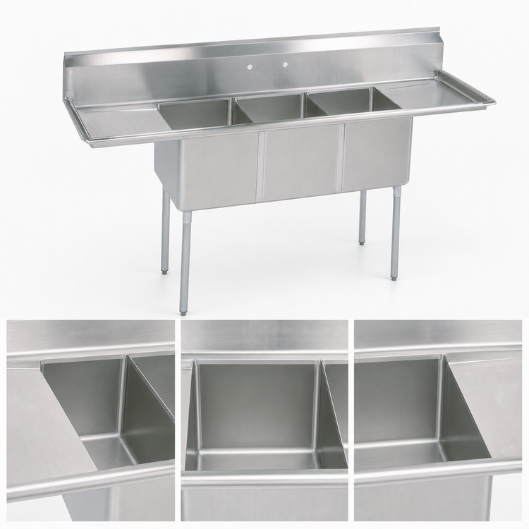 Product image #3 for BK Resources 96-Inch 3-Compartment Stainless Steel Sink with Left and Right 18-Inch Drainboards
