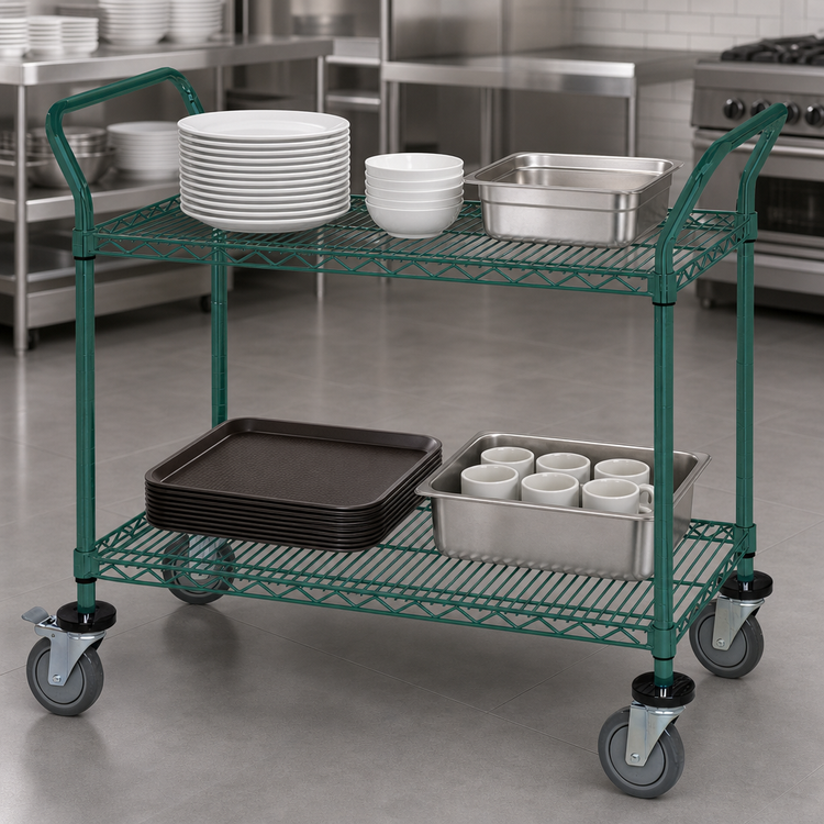 Product image #3 for Quantum 60-Inch 2-Shelf Wire Utility Bus Cart with U-Handles and Swivel Casters