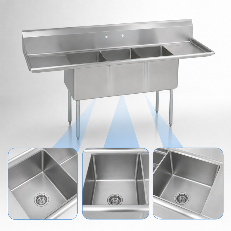 Product image #3 for BK Resources 18-Gauge 304 Stainless Steel Three-Compartment Sink with Left and Right Drainboards, 18 x 24 x 14-Inch Compartments