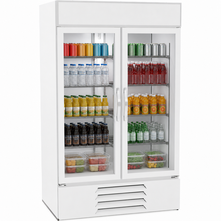 Product image #4 for Beverage-Air MarketMax 2-Section Reach-In Glass Door Refrigerated Merchandiser, 40.2 Cu. Ft., White, Bottom-Mounted