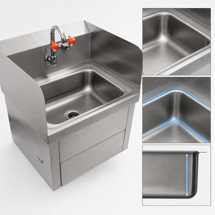 Product image #4 for John Boos Wall-Mounted Hand Sink with Eye Wash, 14 x 10 x 5 Inch Bowl, Knee-Activated Faucet