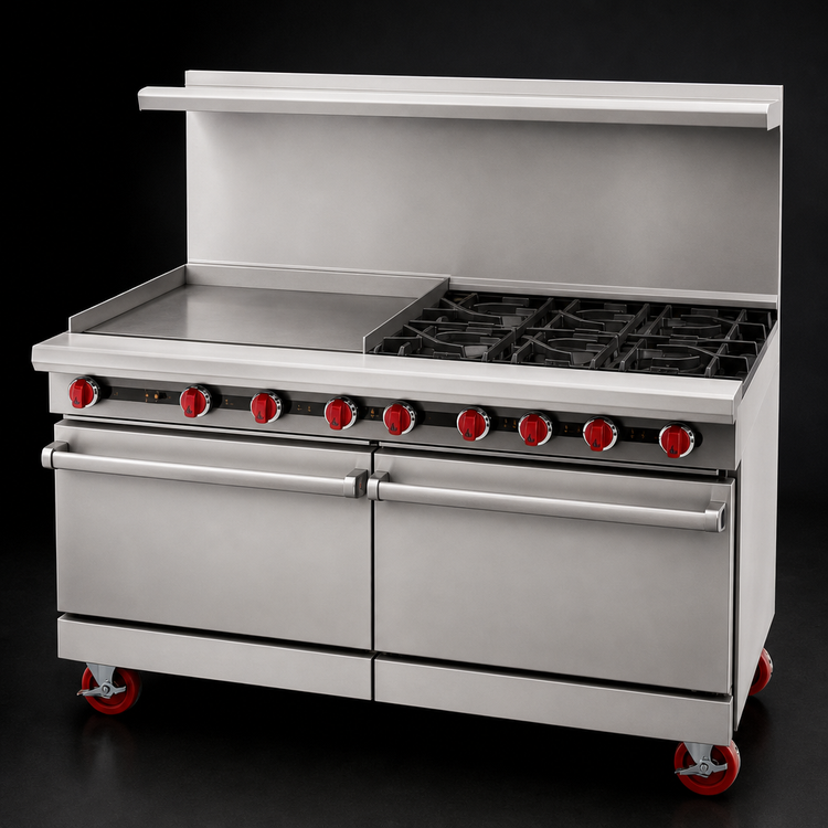 Product image #3 for American Range 60-Inch Gas Restaurant Range with 36-Inch Left Griddle, 4 Open Burners, and 2 Standard Ovens